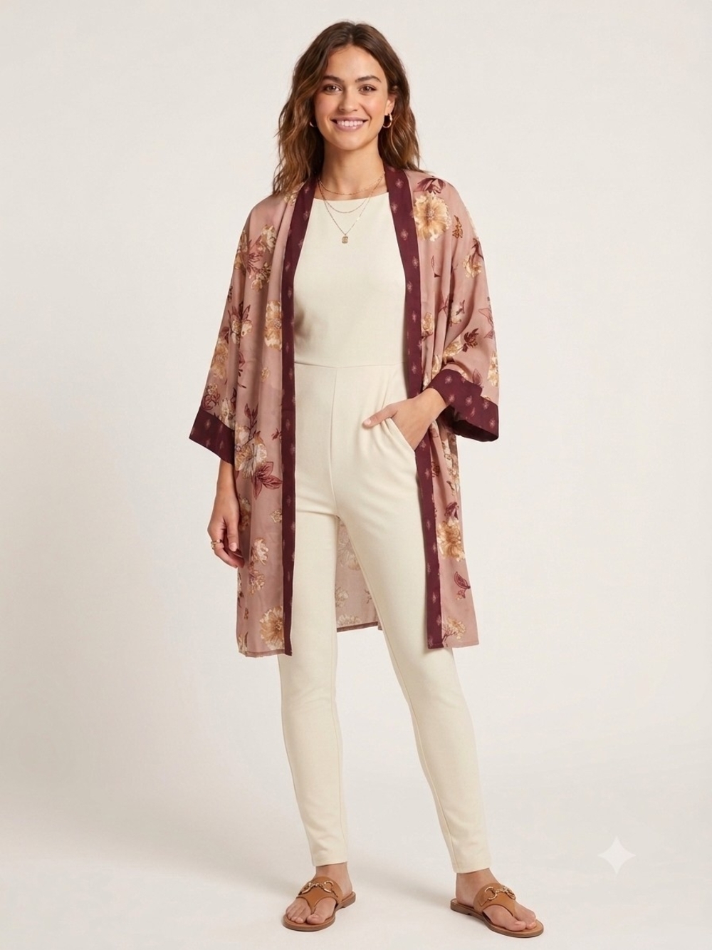 Xhilaration Mauve Floral Satin Kimono with Burgundy Trim